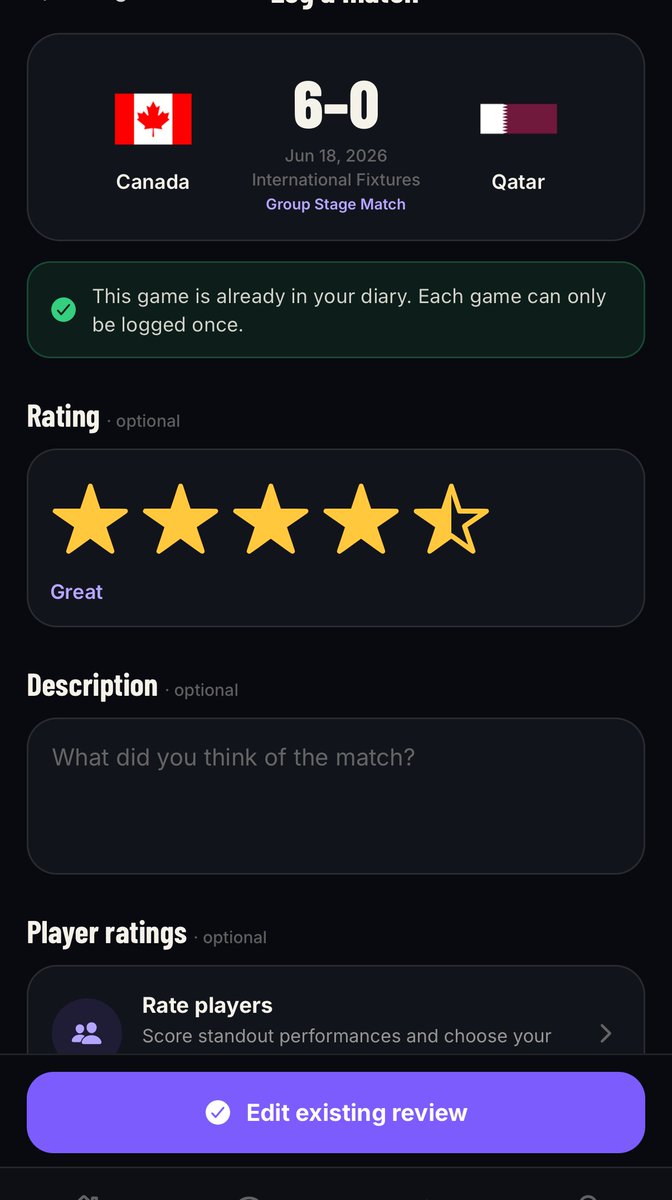 replaydFC's tweet photo. watching the world cup? ⚽️

start your match diary on replayd- letterboxd style!

rate every match, save your takes, and track the games you watched