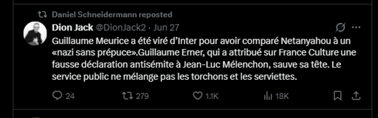 cohaerentiat's tweet photo. Sidérant de voir une telle désinfo promue par le pape de la critique média, déontologie etc.

Meurice n'a pas été viré pour sa blague mais pour avoir refusé de s'excuser puis chié sur sa direction puis l'avoir refaite à son retour de mise à pied.

Erner s'est excusé le lendemain. https://t.co/GntozYvGXx