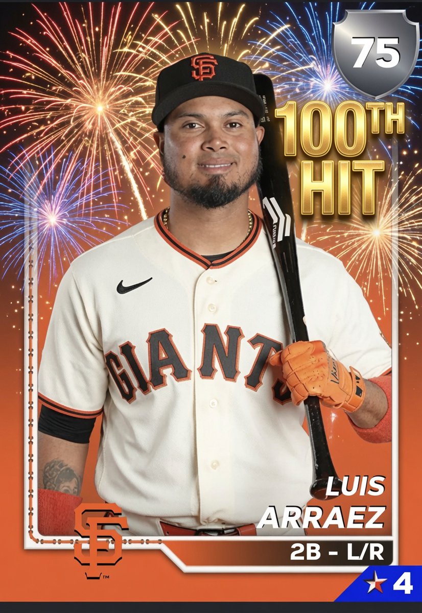 SFGiants2026's tweet photo. Arraez has two hits today giving him 100 for the season! https://t.co/LNKcXtFPsT