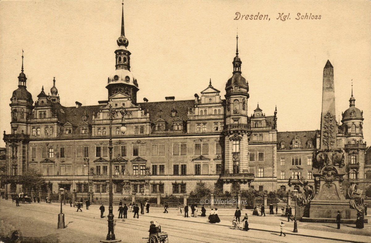 OldWorldPlans's tweet photo. (1/2) This 1910 photo shows the Royal Palace in Dresden, Germany. For almost 400 years it was the seat of the kings of Saxony and home to the Green Vault, one of Europe's greatest treasure chambers. In 1945 it burned to an empty shell in the bombing of Dresden, and stood a ruin for more than forty years. Its rebuilding, begun in 1985, has only lately neared completion. 👇 Next: how it looks today.