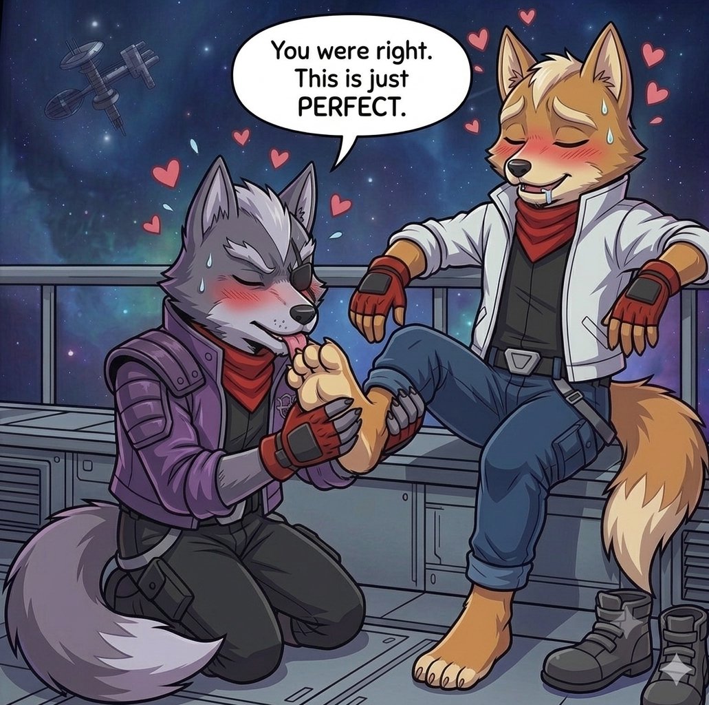 WolfMePlease's tweet photo. Kinky Wolf. Quid pro quo.

#StarFox #StarWolf #Wolfox #FoxMcCloud #WolfODonnell #AIArt #Furry #FanArt #Gay #FurryArt #FurryAI #IAfurry

#feet #fetish #feetfetish #footsoles https://t.co/7en7QCHQTR