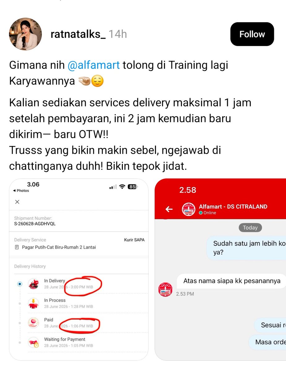 Hidupsebagai62's tweet photo. Buat Mbaknya :

1. Pesanan yg dianter bukan cuma punya kamu.
2. Kalo mau cepet dapat barangnya dateng sendiri ke alfa.
3. Hargai tenaga orang karena dia anter ke kamu itu kan gratis, 
malah diomel2 ngetik panjang lebar begitu. 
4. Pake ngajarin karyawan tentang SOP pengiriman padahal mereka yg lebih paham karena mereka kerja di sana tiap hari ngirim barang ke rumah pelanggan.