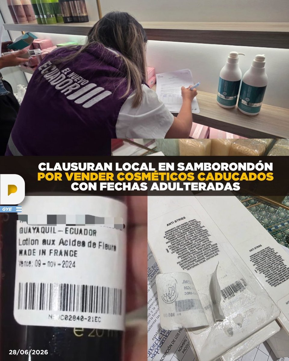 LaPosta_Ecu's tweet photo. ¡Lo que hacían era una trampa directa al consumidor! Un local de cosméticos en Samborondón fue clausurado luego de descubrirse que reetiquetaban productos vencidos para volver a ponerlos en venta como si fueran nuevos.
Durante la intervención se retiraron 284 productos sin Notificación Sanitaria Obligatoria y con fechas de vencimiento alteradas deliberadamente.