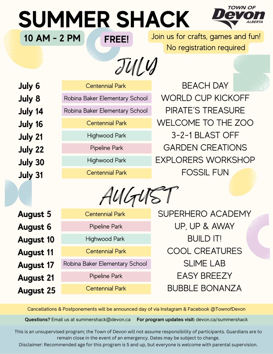 TownofDevon's tweet photo. ☀️Summer Shack is back!

From July 6 - August 25, Summer Shack will be running with different activities, games, and crafts each week!

 Stop by one of the parks between 10 a.m. - 2 p.m.!

We can't wait to see you there!

To learn more, visit: https://t.co/KzFuB2qeYF https://t.co/fzBWq1Yjxs