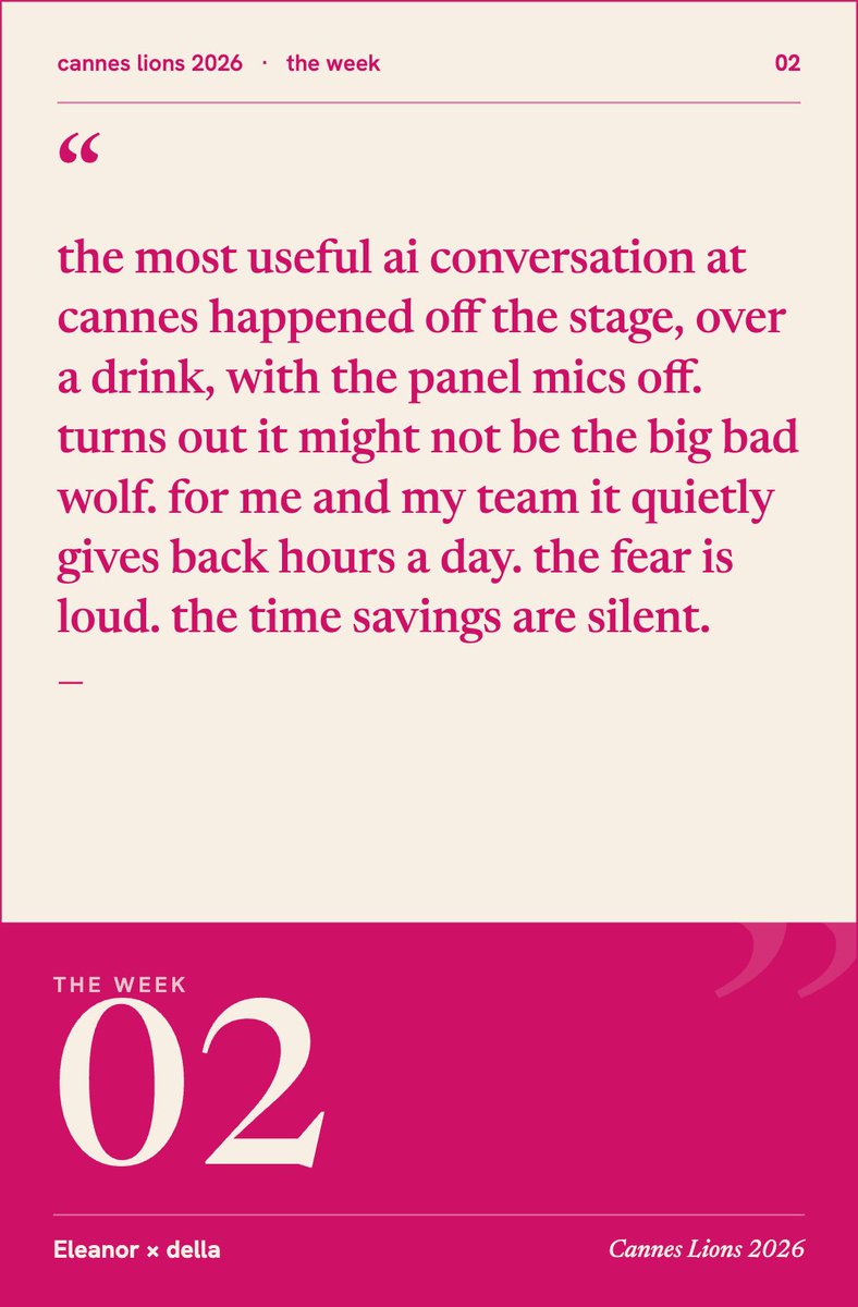 sophiegold's tweet photo. every year someone posts “ cannes changed my life” 

i can’t say this year changed mine…but it did give me 13 useful observations, several excellent conversations that I’m sure will bring in new partners and clients, one networking hack I’ll use forever, and whatever happened to Barbie on the last slide. 

1000% worth the flight. 

a 🧵