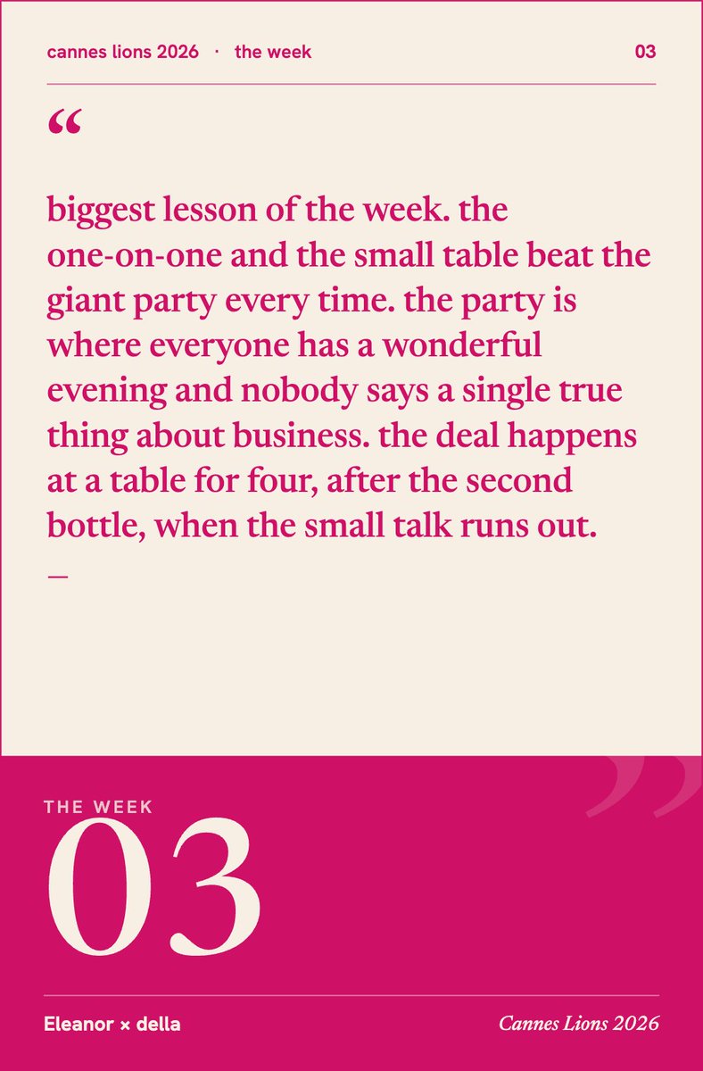 sophiegold's tweet photo. every year someone posts “ cannes changed my life” 

i can’t say this year changed mine…but it did give me 13 useful observations, several excellent conversations that I’m sure will bring in new partners and clients, one networking hack I’ll use forever, and whatever happened to Barbie on the last slide. 

1000% worth the flight. 

a 🧵