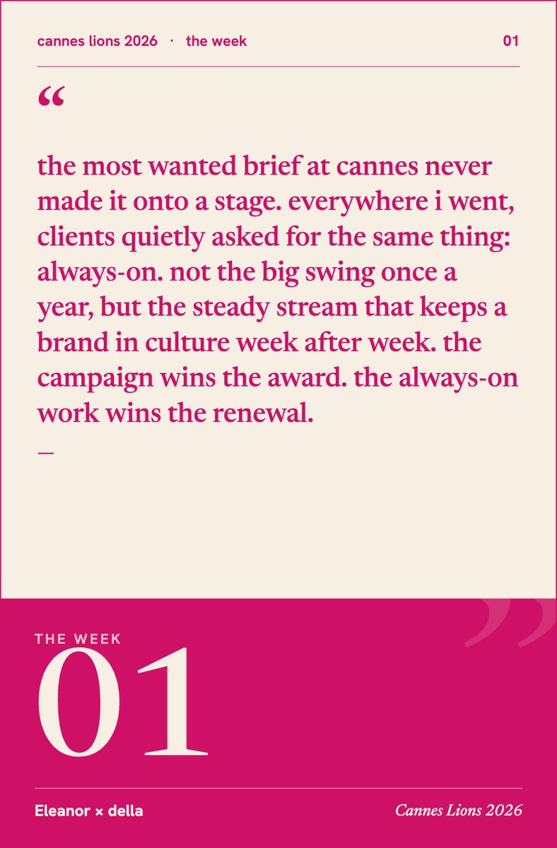sophiegold's tweet photo. every year someone posts “ cannes changed my life” 

i can’t say this year changed mine…but it did give me 13 useful observations, several excellent conversations that I’m sure will bring in new partners and clients, one networking hack I’ll use forever, and whatever happened to Barbie on the last slide. 

1000% worth the flight. 

a 🧵