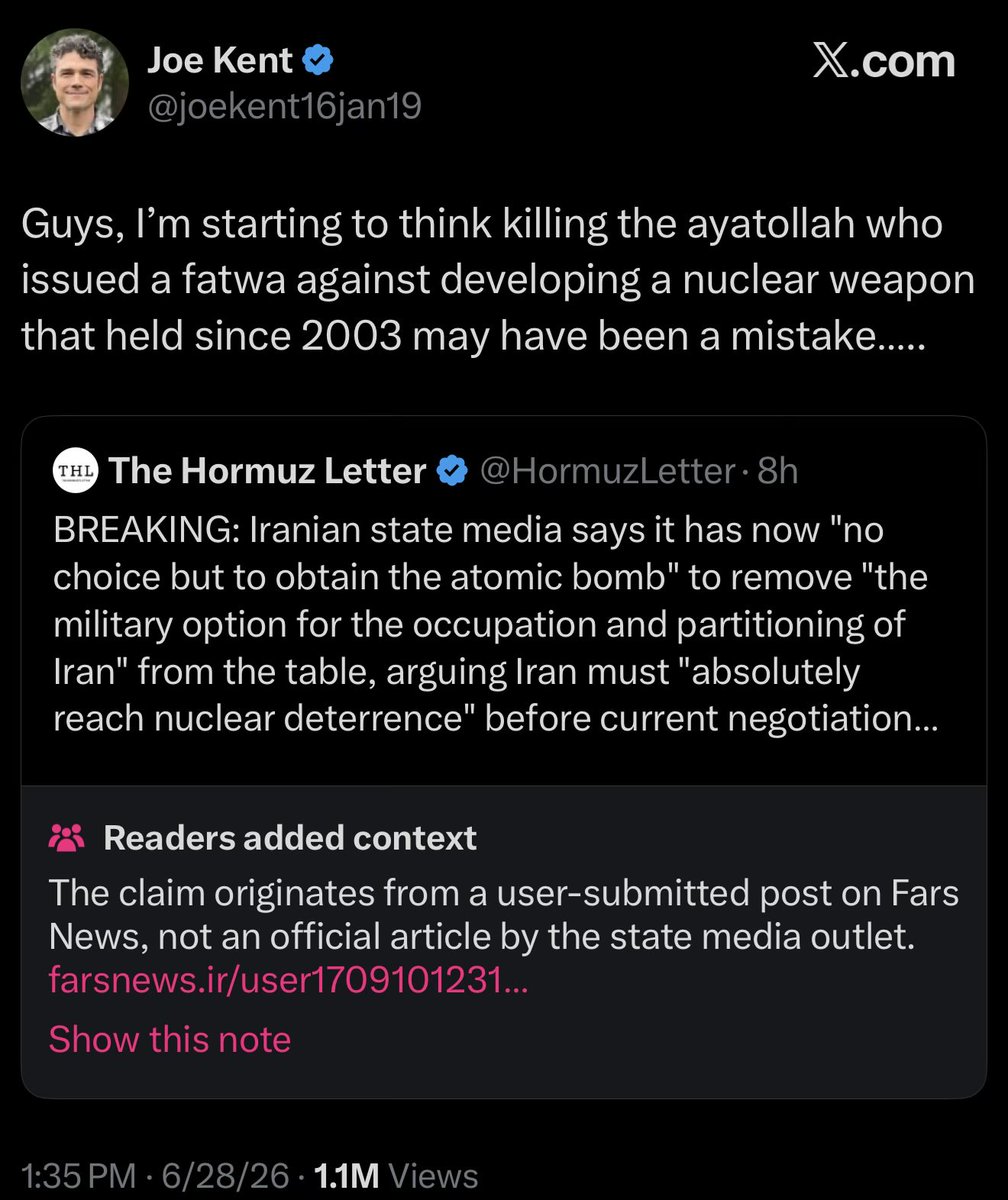 GBNT1952's tweet photo. Oh, no big deal… just the former Director of the National Counterterrorism Center sharing legitimate Iranian state propaganda while acting like Khamenei was some saint…

Joe and Tucker are in a race to see who can have the worst Muslim peen breath. https://t.co/MhPll3oEB3