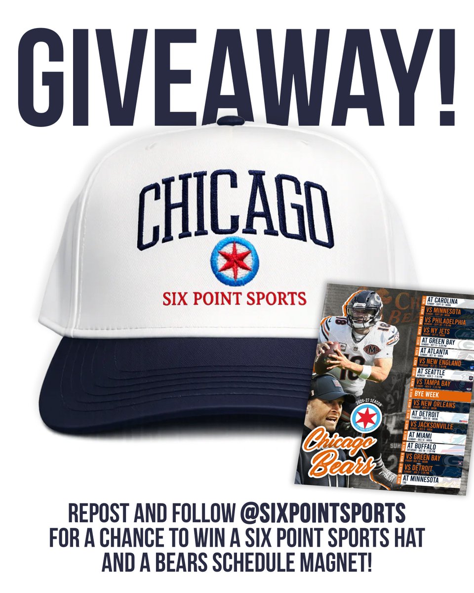 SixPointSports's tweet photo. 🚨 GIVEAWAY 🚨

RT and follow @SixPointSports for a chance to win a Six Point Sports hat and a Bears 2026-27 schedule magnet 🐻⬇️ https://t.co/mTsfdRGPIn