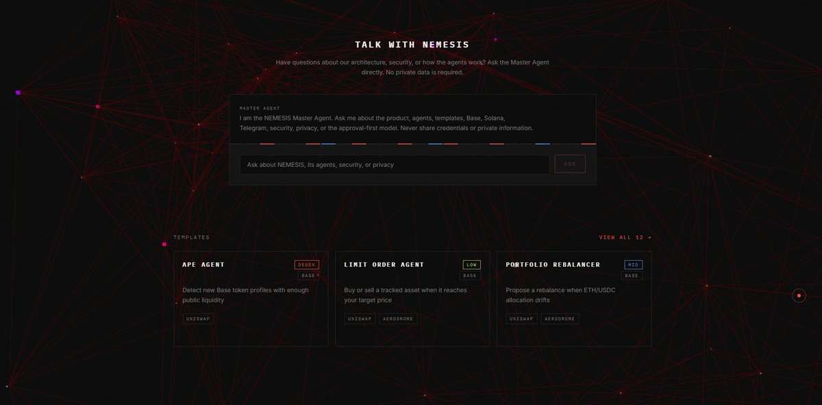 Nemesis_agent's tweet photo. Markets generate signals every second.

Nemesis Agent transforms those signals into structured proposals across @base and @solana while keeping every transaction under your control.

Observe.
Reason.
Approve.
Execute.

Built for users who value intelligence without sacrificing ownership.

Explore Nemesis Agent:
https://t.co/mUSzEQmPLC

Chaos In. Order Out.