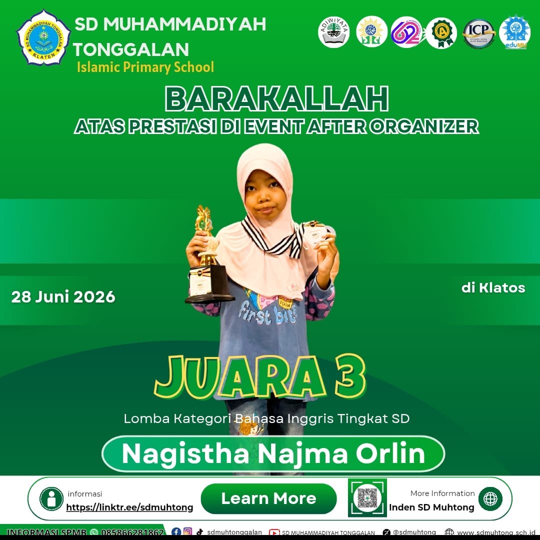 sdmuhtong's tweet photo. Barakallah ananda *Nagistha Najma Orlin* murid SD Muhammadiyah Tonggalan meraih juara 3 Bidang bahasa Inggris tingkat SD. 
Semoga menjadi semangat murid lain untuk meraih prestasi.. 
=

📱 Narahubung SPMB :
     085866281862  
     https://t.co/gSlc1qg4zP 

#sdmuhtongjuara https://t.co/Et0GcbWUin