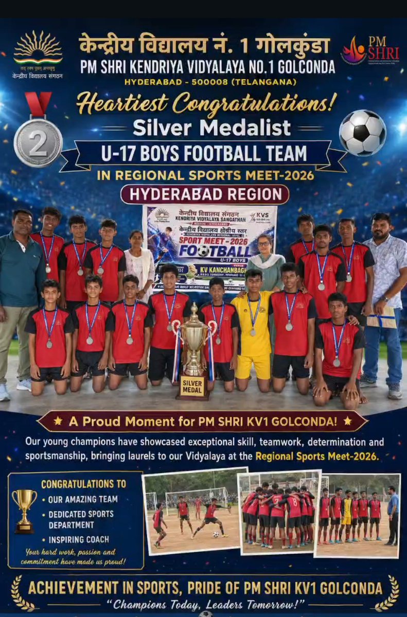 Princip40082490's tweet photo. PM Shri kendriya vidyalaya Golconda No.1 boys U-17 won the silver Medal for football match at regional sports meet 2026.. https://t.co/huorhq4NPb