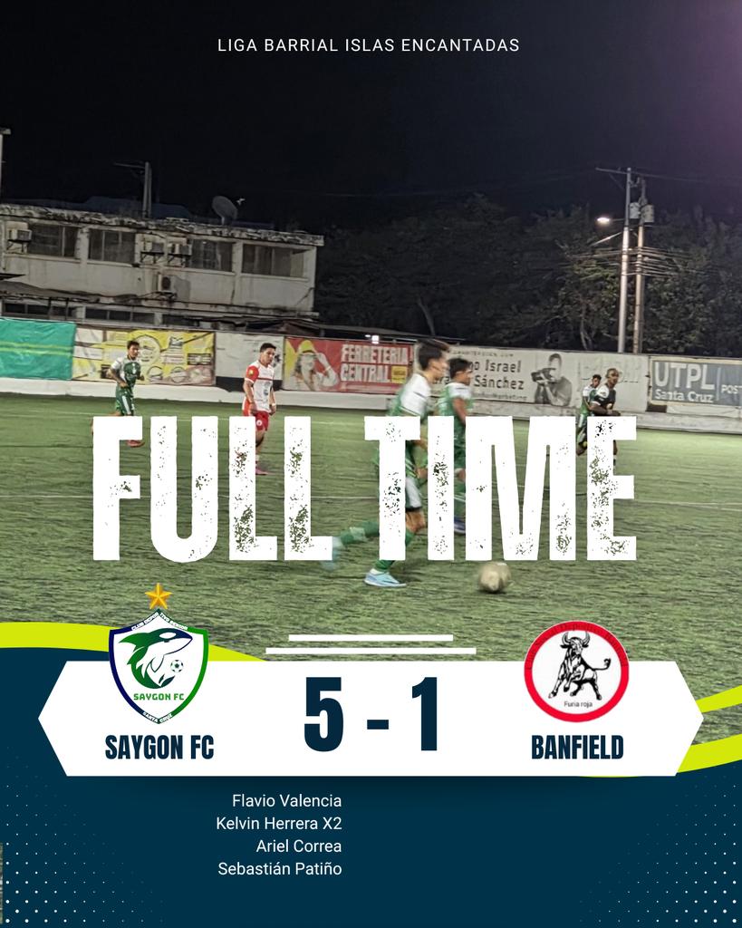 SaygonFC_GPS's tweet photo. ⏱️Fin del partido 

#FCSaygon 5️⃣ - Banfield 1️⃣

⚽️ Flavio Valencia  
⚽️⚽️ Kelvin Herrera 
⚽️ Ariel Correa 
⚽️ Sebastián Patiño 

#SaygonFCSenior2026
#Saygoneate https://t.co/JJGz2oHyCb