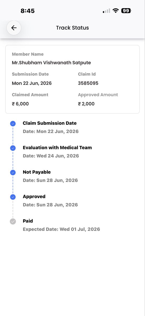 Shub7pute's tweet photo. @NivaBupaSupport 

Dear Claims Team,

Kindly reconsider my Hospital Cash claim.

Hospitalization period: 18/06/2026 to 20/06/2026.
Only ₹2,000 (1 day Hospital Cash) has been approved.
My hospitalization covered three calendar days.
I was admitted for approximately 45 hours. https://t.co/ZfsFUWjFkl