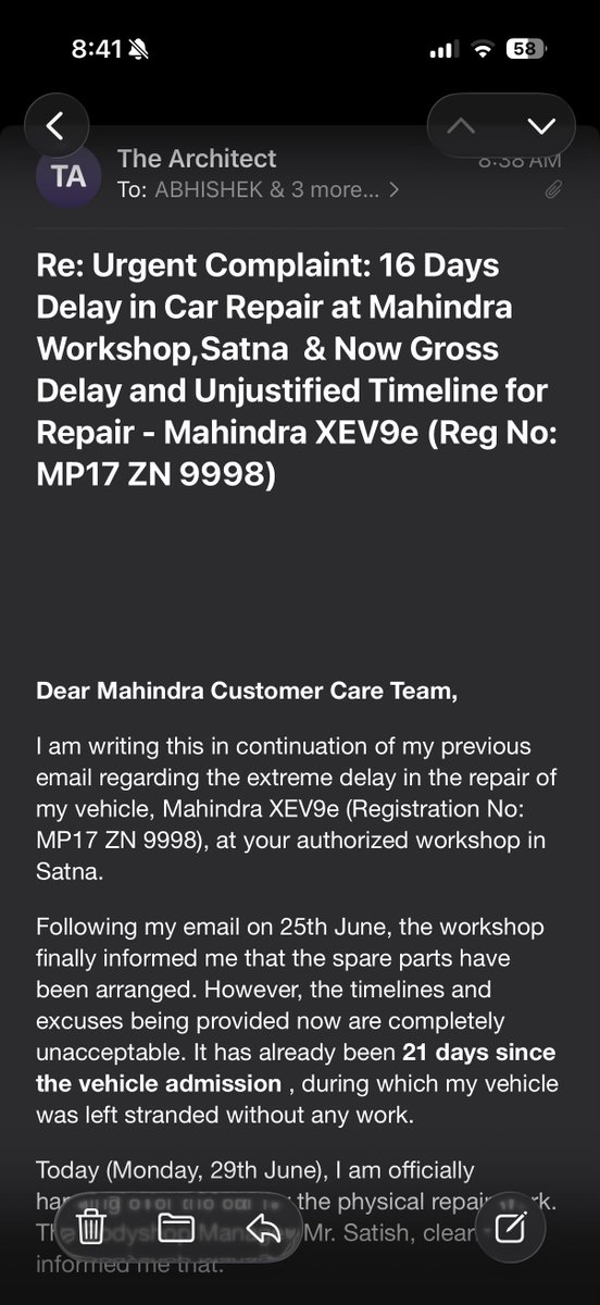 the_archit61316's tweet photo. @Mahindra_Auto @anandmahindra @gomahindra @mahindrarise @jagograhakjago 

Gross delay &amp; mental harassment at Satna Workshop! for XEV9e. 21 days gone but no repair started. Now parts are here, but for a 2-day job (windshield &amp; bumper), they want 6 more days! Urgently intervene. https://t.co/PaX1mf2KjV