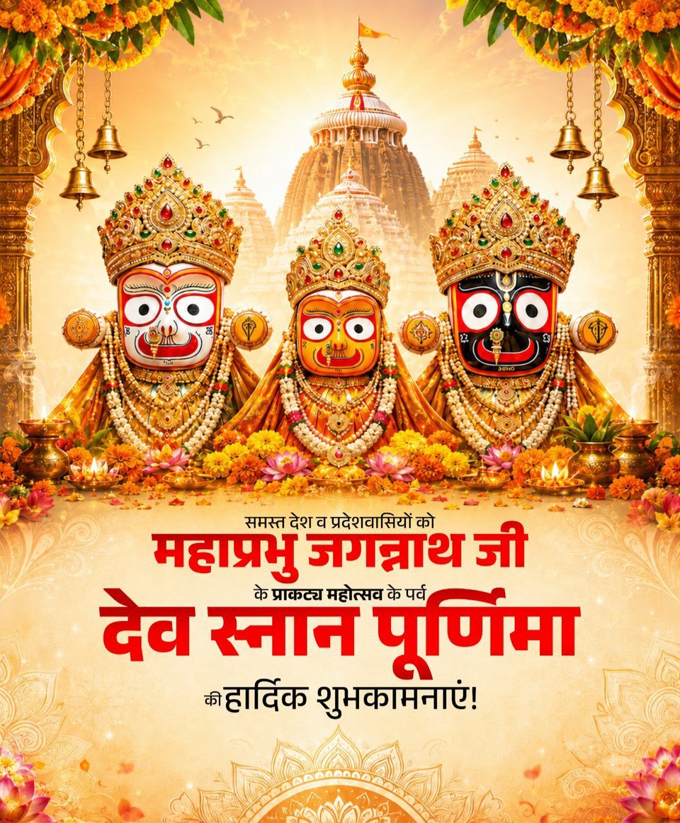 dharmveerbjp's tweet photo. ॥ जय जगन्नाथ ॥

देव स्नान पूर्णिमा के पावन अवसर पर समस्त श्रद्धालुओं को हार्दिक शुभकामनाएं।

महाप्रभु श्री जगन्नाथ जी की असीम कृपा से सभी के जीवन में सुख,शांति,समृद्धि, उत्तम स्वास्थ्य एवं मंगल का वास हो तथा समाज में प्रेम,आस्था, सद्भाव और लोकमंगल की भावना निरंतर प्रबल होती रहे। https://t.co/0Wif3l3tzT