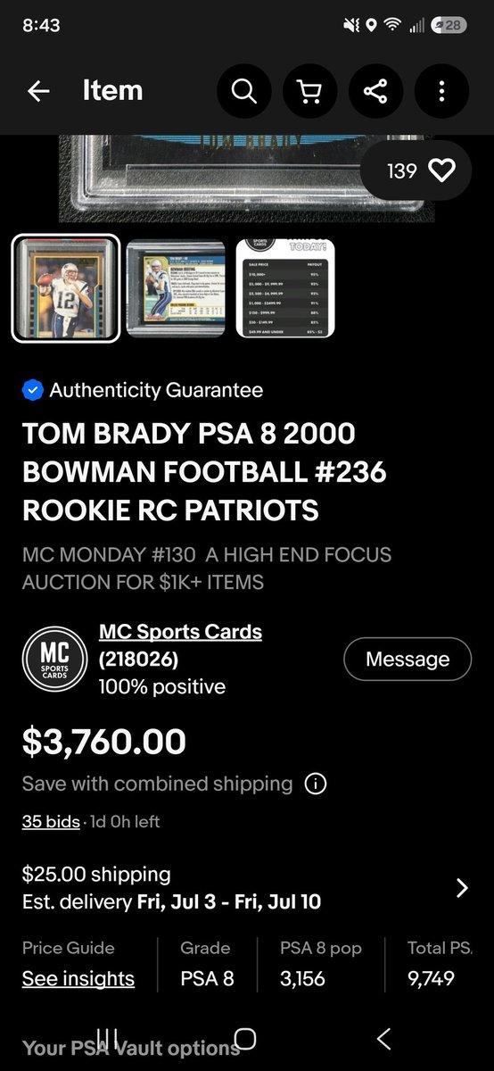 DanMackin81's tweet photo. Another comp setting auction about to end tomorrow. Still can't believe I bought this card less than a year ago for under a grand. 🤯🔥 https://t.co/hlNxXTMERc