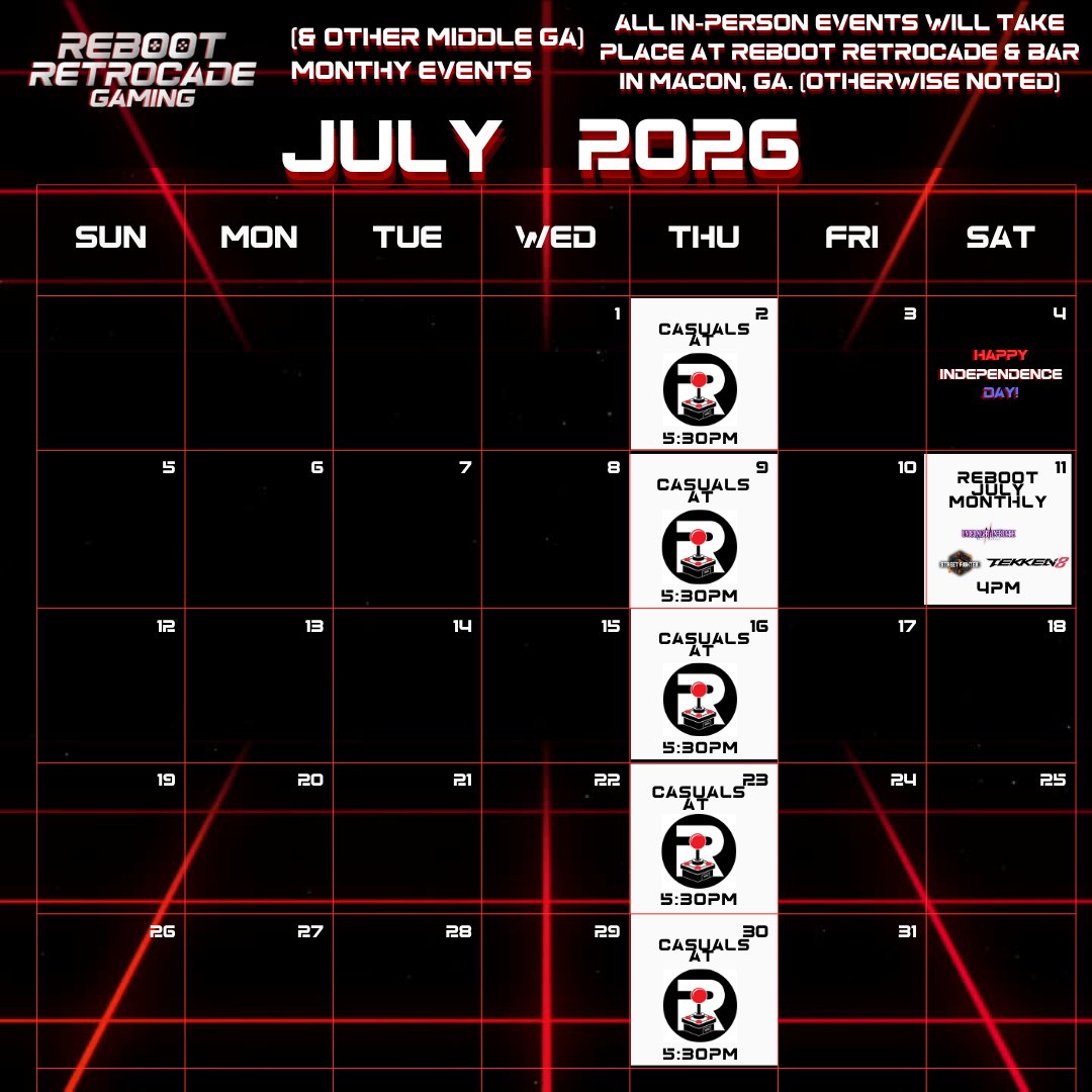 reboot_gaming's tweet photo. Here's the calendar for the month of July! We'll have one event for the month (in next post below). https://t.co/hNYGUdYNbQ