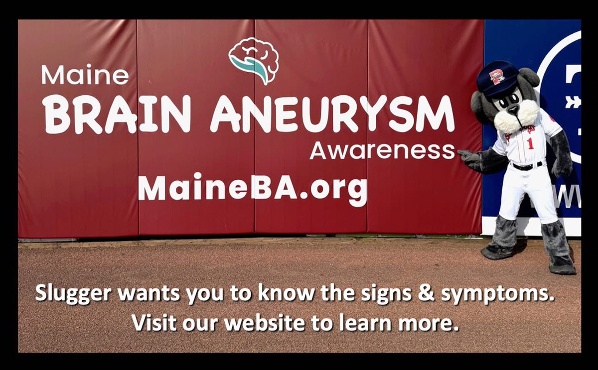 MaineBAorg's tweet photo. Slugger wants you to know the signs &amp; symptoms of a brain aneurysm. Have you seen our billboard in the outfield at Hadlock Field, where the Portland Sea Dogs play? Have you wondered what a brain aneurysm is and what our organization does here in Maine? https://t.co/tYhurlc2Ap https://t.co/ZHaSYArAsW