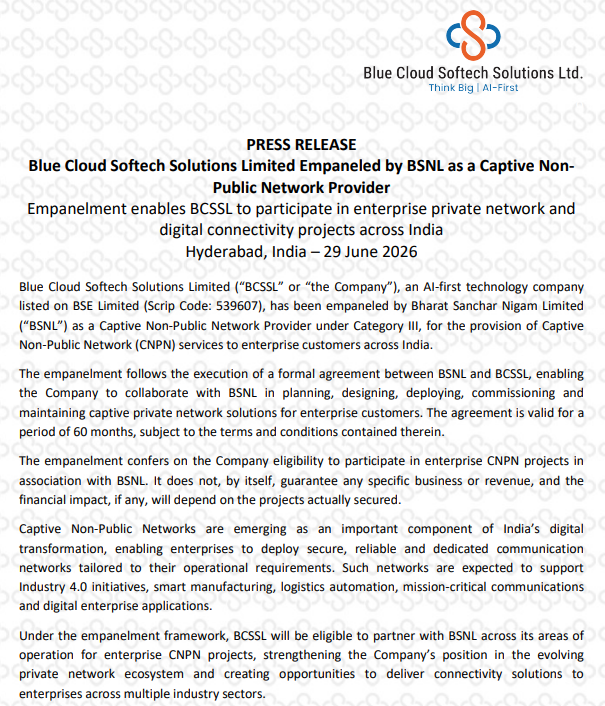 IndianStockEco's tweet photo. 🚨Blue Cloud Softech Solutions:
👉#BlueCloud empaneled by #BSNL as a Captive Non-Public Network Provider
👉Empanelment enables #BCSSL to participate in enterprise private network and digital connectivity projects across India
#nifty #stockstowatch #stocksInFocus #stockmarketnews https://t.co/RDRkJkbmu8