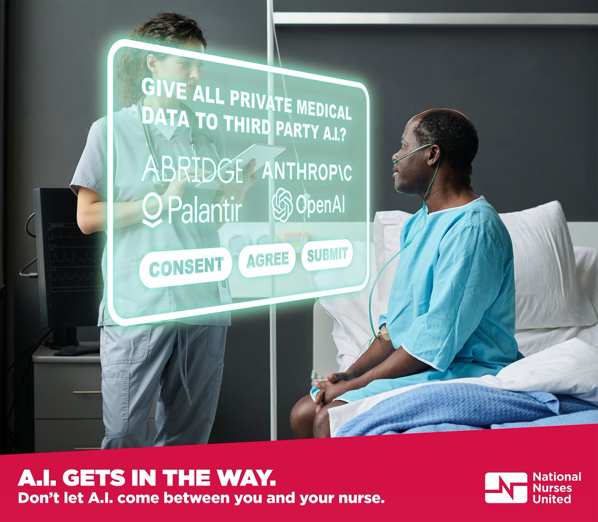 CalNurses's tweet photo. Real compassion can't be automated.

Don't let A.I. come between you and your nurse. https://t.co/tBftejvIKp