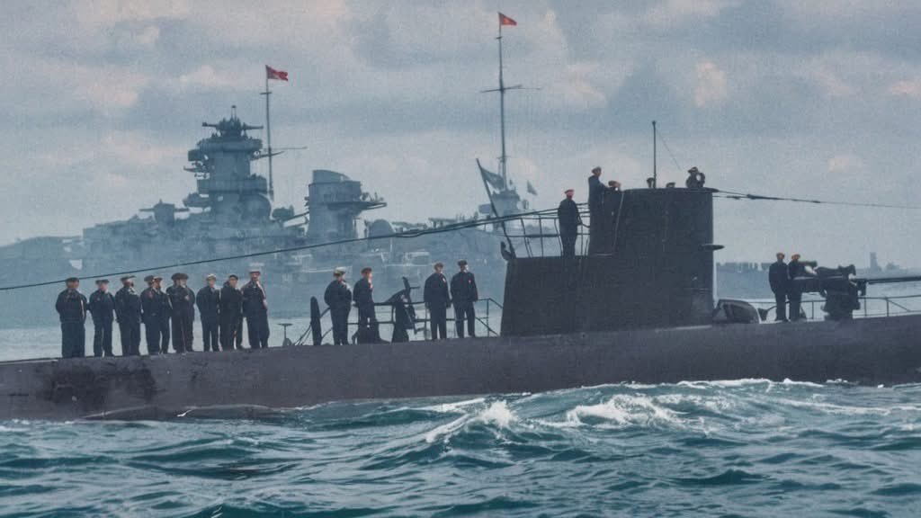 HiddenHistoryYT's tweet photo. U-47 passing battleship Scharnhorst on return to port after sinking British battleship HMS Royal Oak in Scapa Flow, 1939. https://t.co/p0088R9fkj
