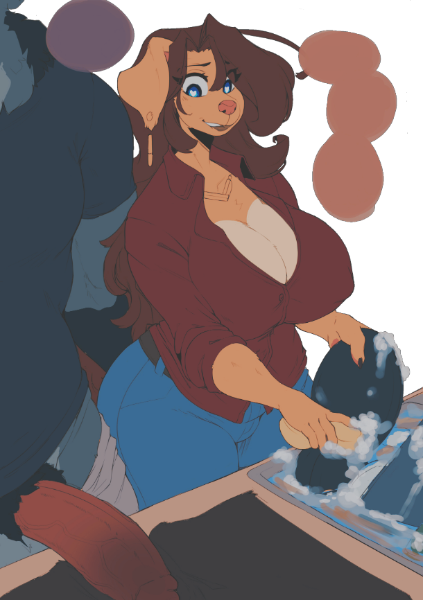 DOG__M0M's tweet photo. ⠀
Rhoda sometimes takes
a long time to take care
of the dirty dishes.

So, how about giving
her a 𝗯𝗶𝗴 surprise?

“ Gosh, hun, I need'ta get
these chores done…

    … But a quick one ain't
gonna hurt much. ”
⠀ https://t.co/D2RvKngYa5