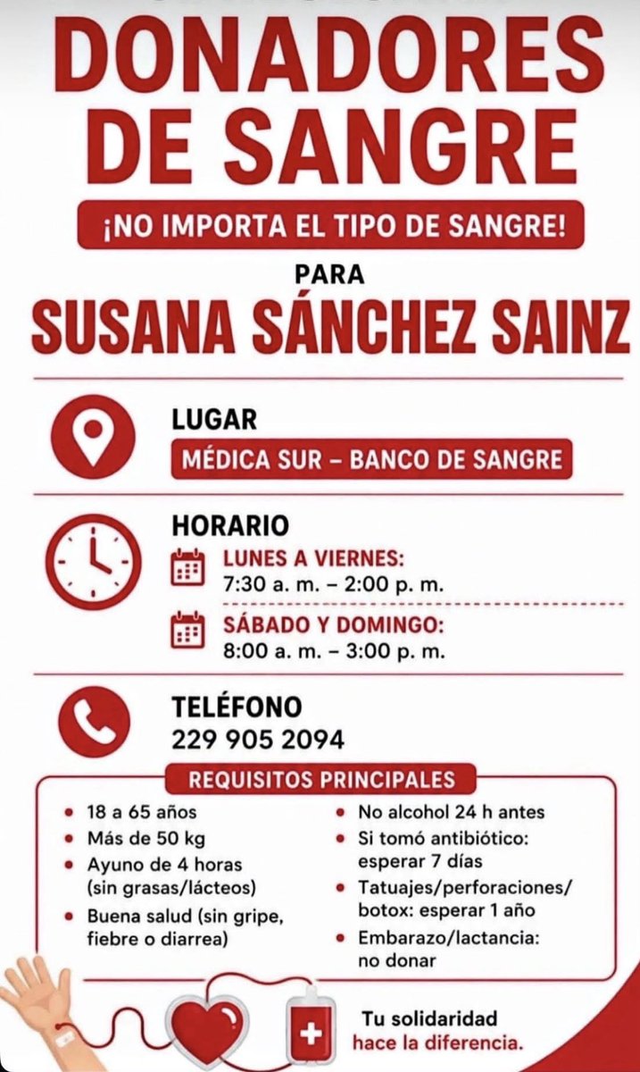 donaenvida's tweet photo. #URGENTE #CDMX #Sangre de cualquier tipo para Susana Sánchez Sainz, en el Banco de Sangre del Hospital Médica Sur.
Contactar al: 229 905 2094.

#DonaEnVida #SangreQueUne https://t.co/ltwp3HR7yq