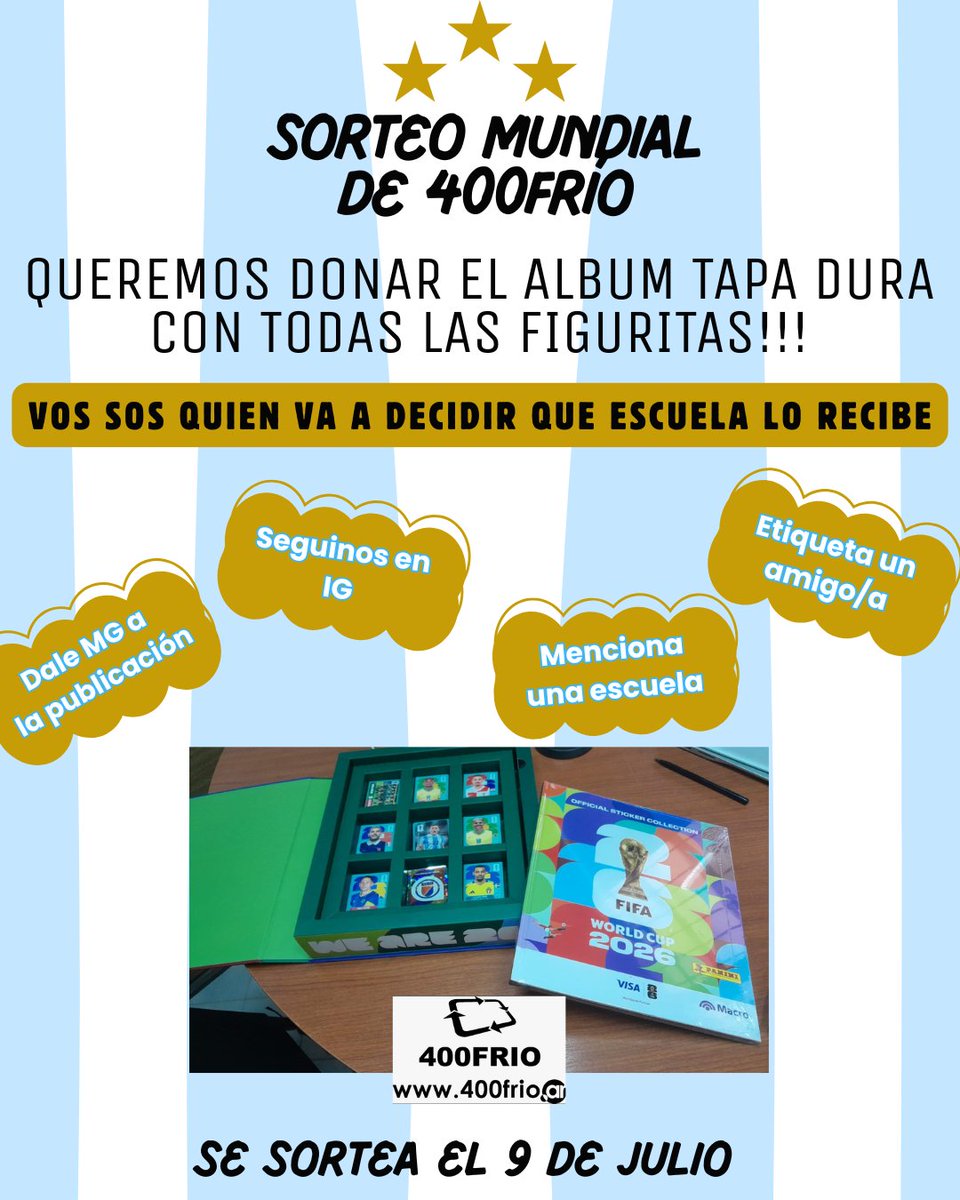 400Frio's tweet photo. ⚽En 400FRIO queremos festejar el Mundial.

🎁 Por eso vamos a donar un Álbum Oficial del Mundial FIFA 2026 Panini Tapa Dura, completo con todas sus figuritas.

🏫 ¡Vos vas a ser el encargado/a de decidir qué escuela primaria de la región de Bahía Blanca lo recibe! https://t.co/43bzF8tzco