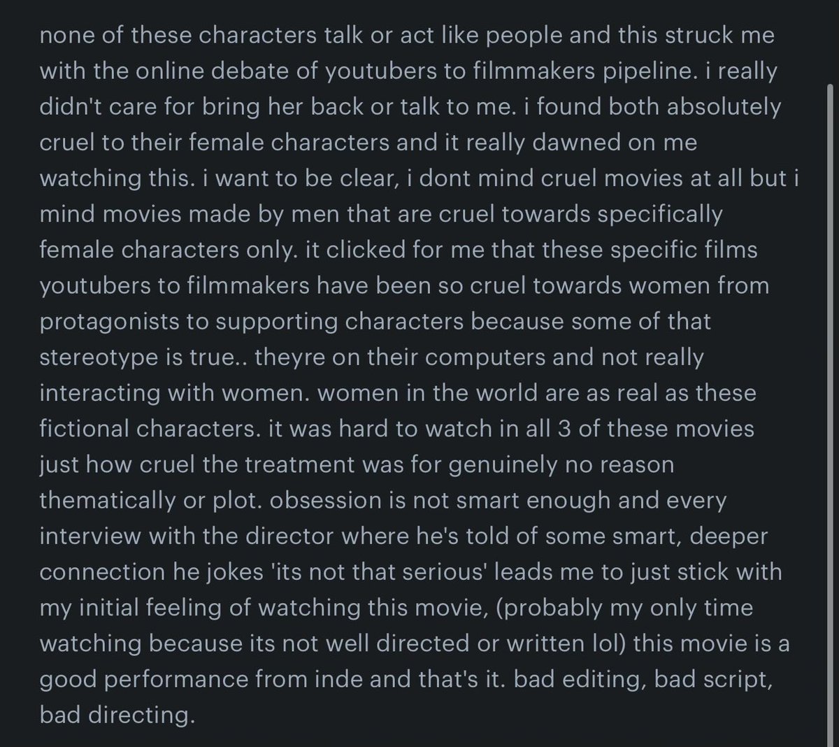 kenzie__xcx's tweet photo. it’s fine people love that movie. i’m so happy it’s making a ton of money honestly good for the box office and new filmmakers. i just think it’s terrible and incel fantasy! we are all allowed our own opinions on movies :) it’s my opinion it’s my thoughts go yell at someone else https://t.co/qz4rynOk30