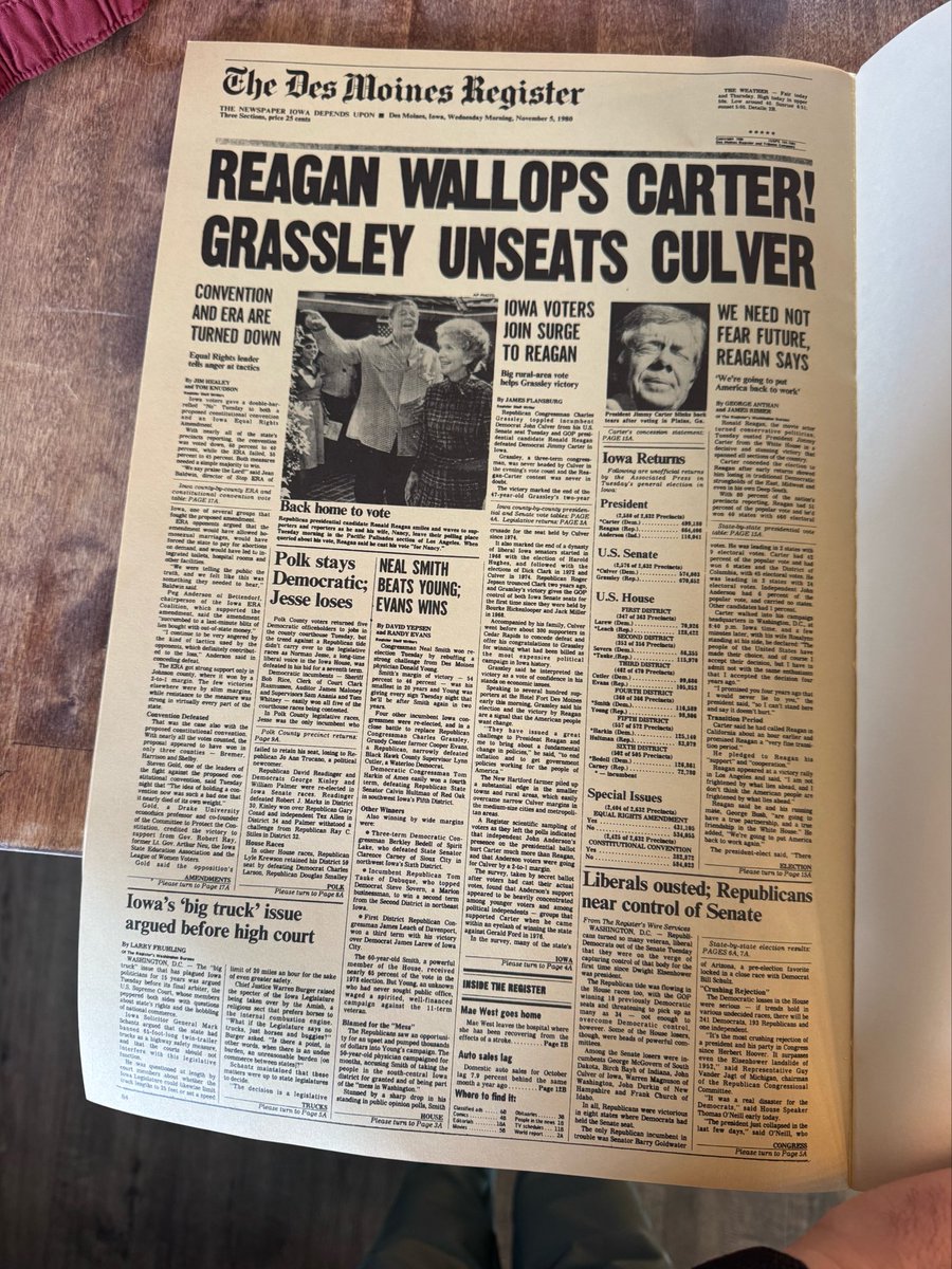 TheMclib's tweet photo. Cleaning out my grandmother’s house and she has a “Historic Pages from the @DMRegister &amp; Tribune” book. This page appears to be from when @ChuckGrassley was first elected to the Senate. Even some Idaho history in here! https://t.co/CdwiqhLv85