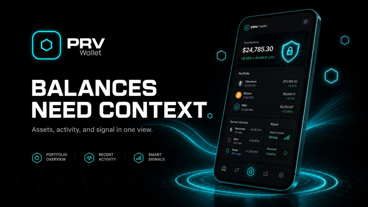 prv1_com's tweet photo. Most wallets show balances.

PRV Wallet is being built to show context.

What changed.
Where funds sit.
What is exposed.
What needs action.
Because numbers without context are just decoration. https://t.co/Mg4Ef9jyqd