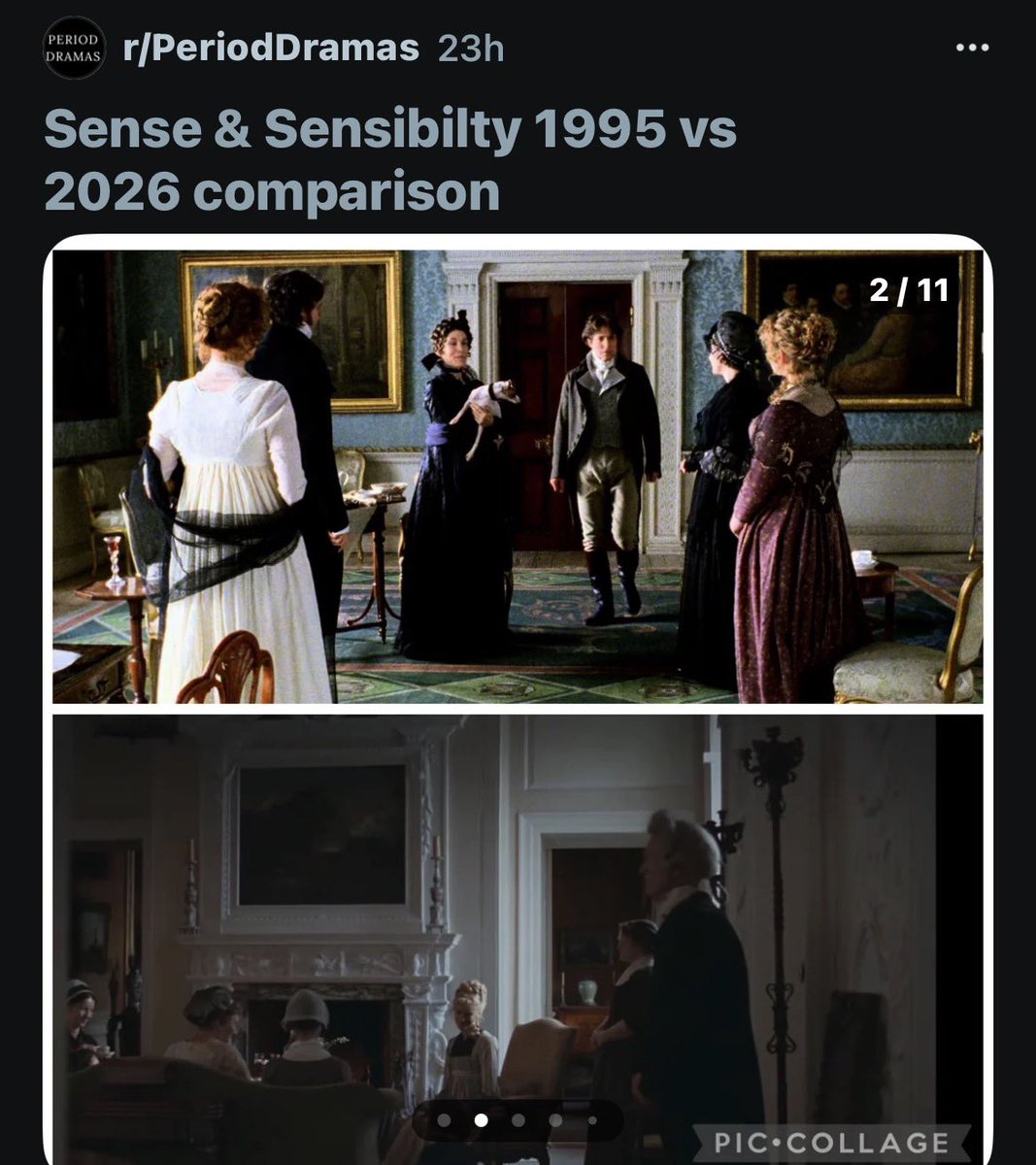 chaoticguitar's tweet photo. Did anyone else see the post on period romance subreddit comparing the lighting of sense and sensibility 1995 and 2026?? Why are all movies so dark, dull and lifeless now? I didn’t even see Brandon or willoughby in the trailer until that post 😩 https://t.co/sCYxyTA8hj