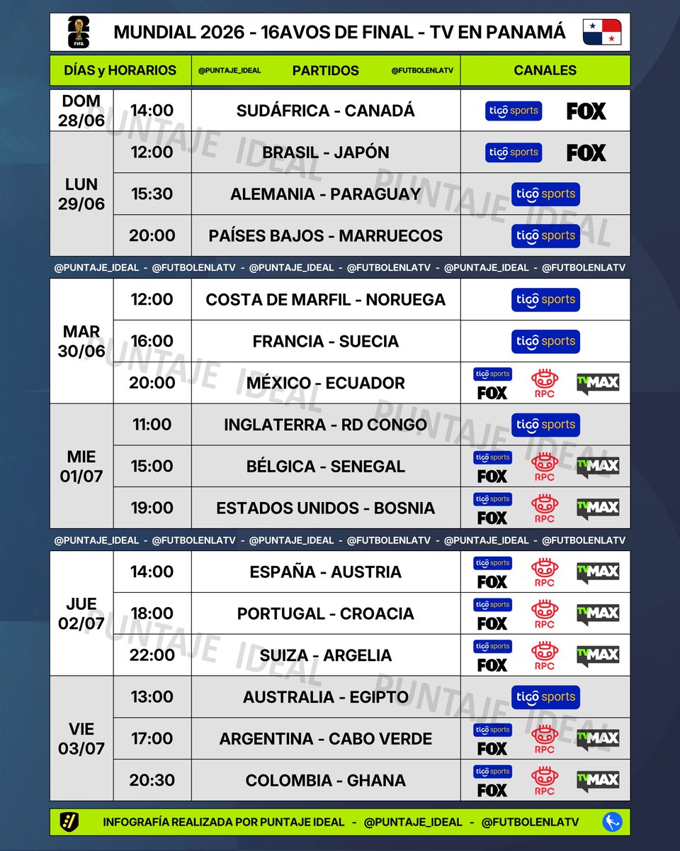 Puntaje_Ideal's tweet photo. ⚽️ #AgendaIdeal | Programación de los partidos de 16avos de final del MUNDIAL 2026 para PANAMÁ 🇵🇦

📺 Todos los partidos por @TigoSportsPA 
📺 10 partidos por #FOX 
📺 8 partidos por @deportes_rpc y @tvmaxdeportes https://t.co/6Q4tx01xQF