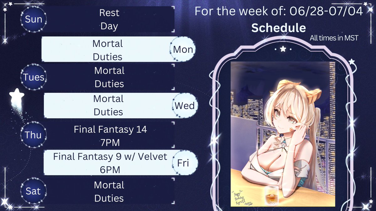 KyraRoseC's tweet photo. ⋆⭒˚.⋆ Jun. 28 - Jul. 04 ⋆⭒˚.⋆

My dear Treasures, here is this weeks schedule

Thurs- We dive further into ShadowBringers.....time to gather the tissues
Friday- Well that certainly didnt go as planned, now we got a new...old? enemy and why are they connected to Zidane https://t.co/NqNscdIcT3