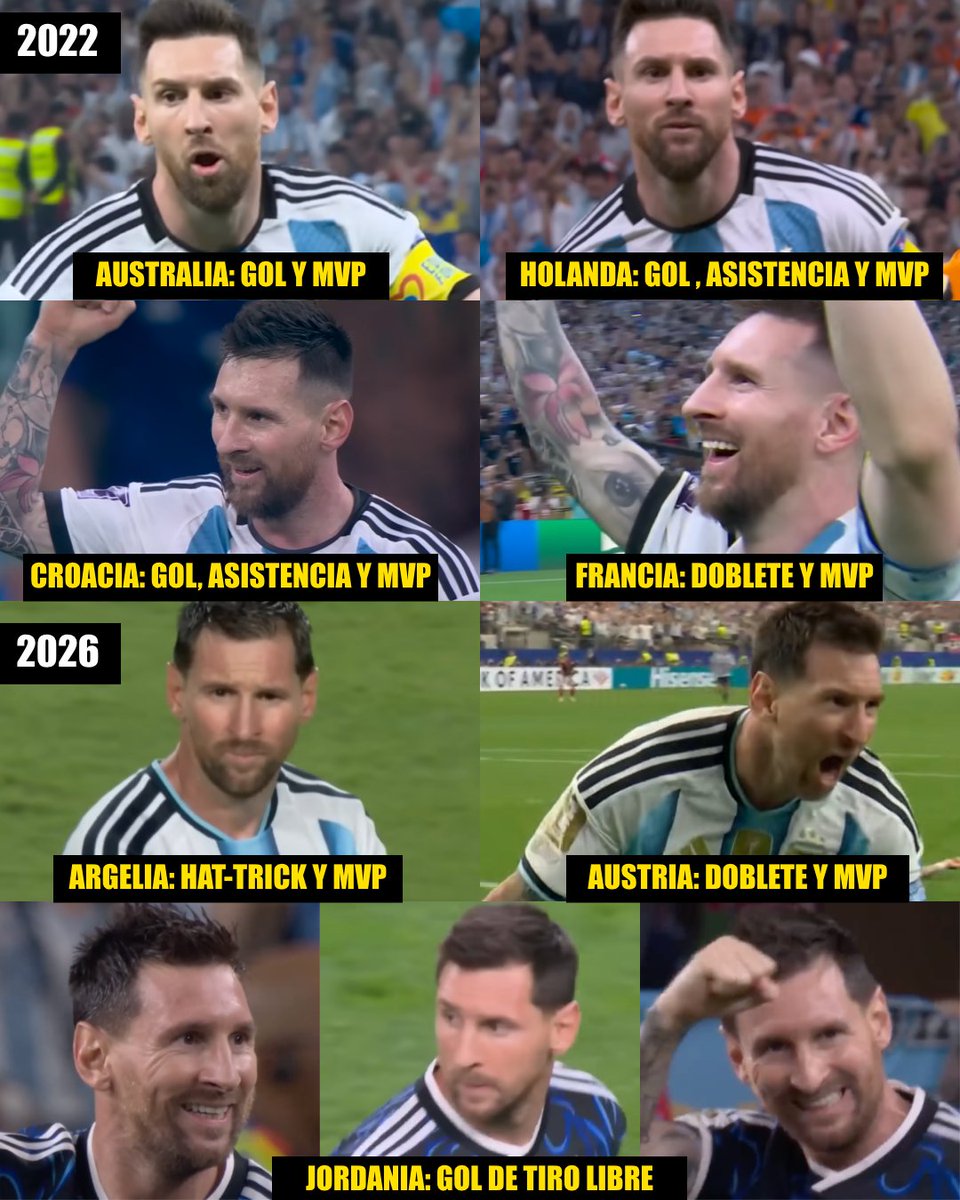 InvictosSomos's tweet photo. El genio irrepetible que lleva ¡¡11 GOLES, 2 ASISTENCIAS Y 6 PREMIOS MVP!! en sus últimos 7 partidos disputados en Copa del Mundo. Solo Lionel Messi ha marcado en 7 partidos consecutivos de Copa del Mundo. Y lo más impresionante de todo es que, en medio de esta racha histórica, convirtió y fue MVP en fase de grupos, octavos, cuartos, semifinales y final. 

¿El prime mundialista del GOAT? Después de los 35 años de edad. Sí, cuando la mayoría de jugadores van en declive, el 10 de Argentina empezó a vivir su mejor etapa en el torneo más importante que existe. 

COSAS DEL MEJOR JUGADOR DE TODOS LOS TIEMPOS.