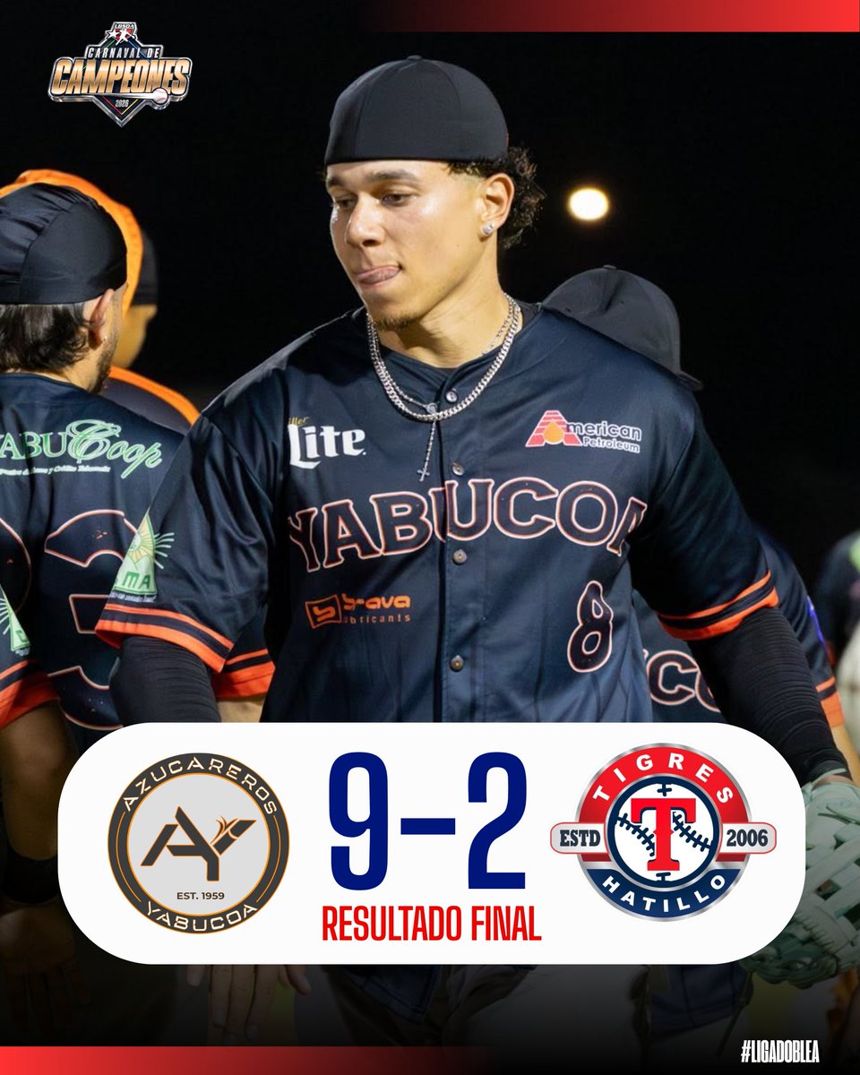 BeisbolDobleA's tweet photo. ➡️ FINAL: Yabucoa 9 Hatillo 2

Marcos Santa 5.1 EL, HR Jan Hernández, 3 RBI Edwin Gómez.

Azucareros 4-1, Tigres 1-4.

#CarnavaldeCampeones https://t.co/W7KG9LxJVD