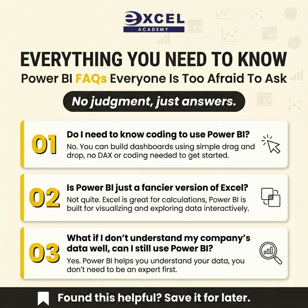 ExcelAcademyMY's tweet photo. Still holding back from learning Power BI because it sounds complicated? No judgment here. 💡
No coding needed. No data expertise required. Just a willingness to start.
Found this helpful? Save it for later! 👇
#PowerBITips #ExcelAcademy #DataVisualization #MicrosoftPowerBI https://t.co/smQp5SQSpV