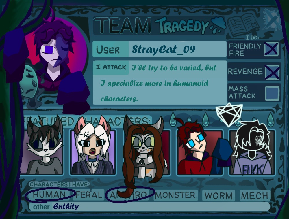 Straycat_094's tweet photo. I will participate in Art Fight 🎉
The tragedy card isn't one of my best drawings, but it works.
#artfight #artfight2026 #teamtragedy #lackadaisy https://t.co/zoofETOlHR