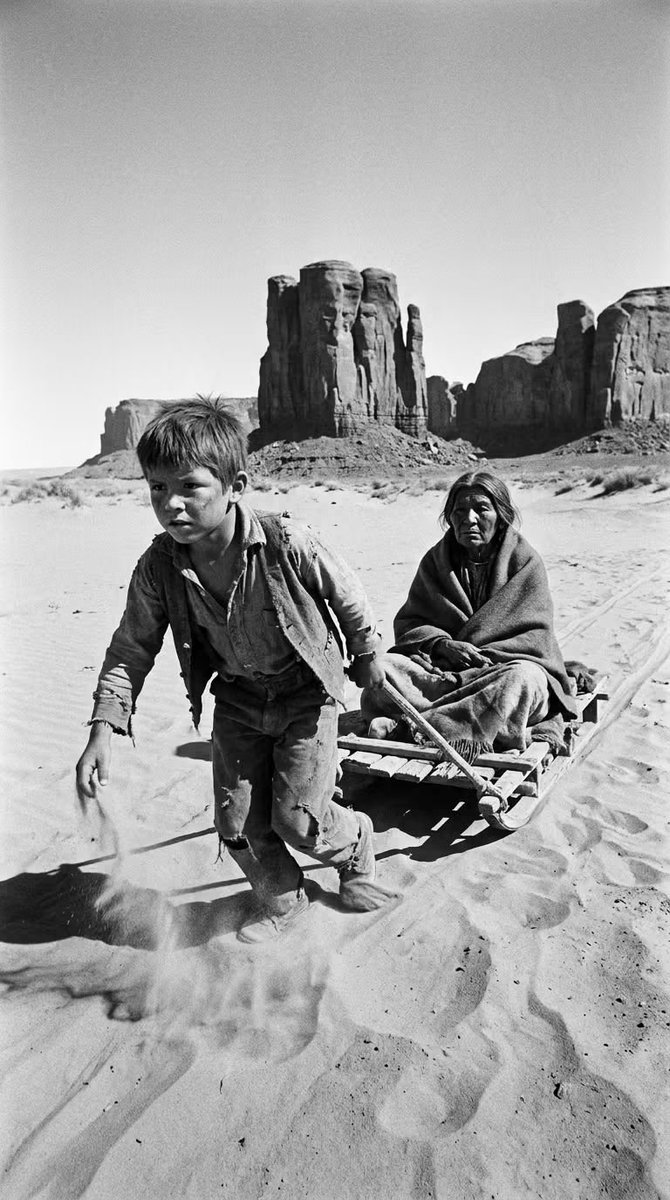 CrazyVibes_1's tweet photo. **The Boy Who Wouldn't Let Go – Navajo Nation, Arizona, 1912**

In the scorching summer of 1912, 11-year-old Tahoma Begay was herding sheep with his grandmother across the high desert of the Navajo Nation near Monument Valley. The nearest hogan and reliable water source were miles away, and the relentless sun offered little mercy.

Without warning, his grandmother collapsed from heat exhaustion. Alone in the vast desert, Tahoma realized there was no one to call for help.

Determined to save her, he took the herding rope, tied it securely around her waist, and looped the other end across his own shoulders. Then, with all the strength he could gather, he began pulling her across the hot desert toward the distant shade of the mesas.

The burning sand blistered his bare feet, the blazing sun beat down on his back, and every breath filled his lungs with dust. Whenever he stopped to rest, he carefully tipped a few precious drops from their nearly empty canteen onto his grandmother's lips. To comfort her, he softly sang the traditional Navajo songs she had taught him, hoping the familiar melodies would help her keep fighting.

Hour after hour, the young boy dragged her across the rugged landscape. His hands and knees became raw, his body weakened with thirst, but he refused to leave her behind.

As evening approached, Tahoma finally reached a small spring hidden among the rocks. The cool water revived his grandmother, and thanks to her grandson's determination, she survived.

For generations afterward, Navajo elders shared the story with younger family members, saying:

*"The desert tried to take her, but the boy's love was stronger than the sun."*
