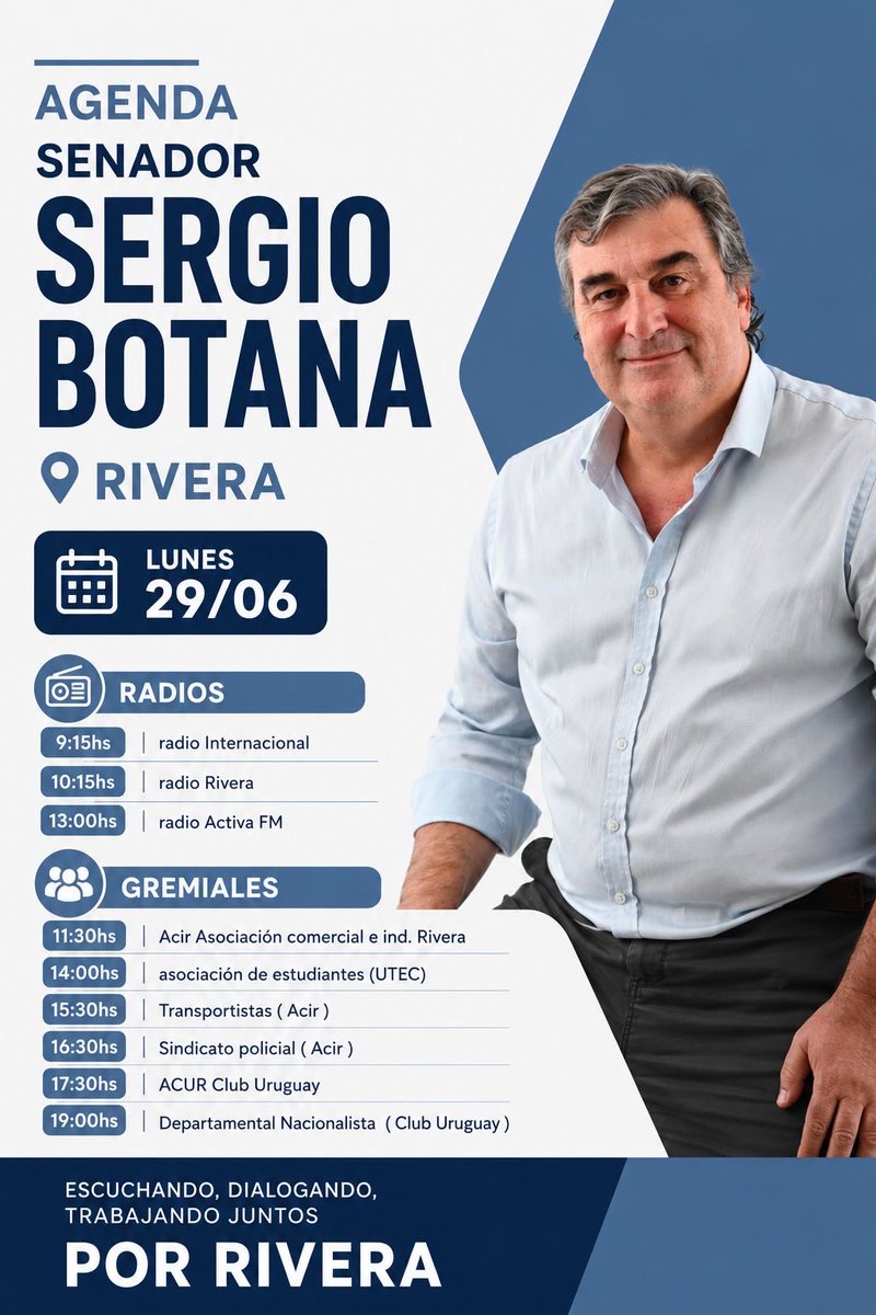 senado_botana's tweet photo. Senador @sergiobotana recorrerá #Rivera para encontrarse con #vecinos, gremiales y medios de #comunicación. https://t.co/I2zCbkx913