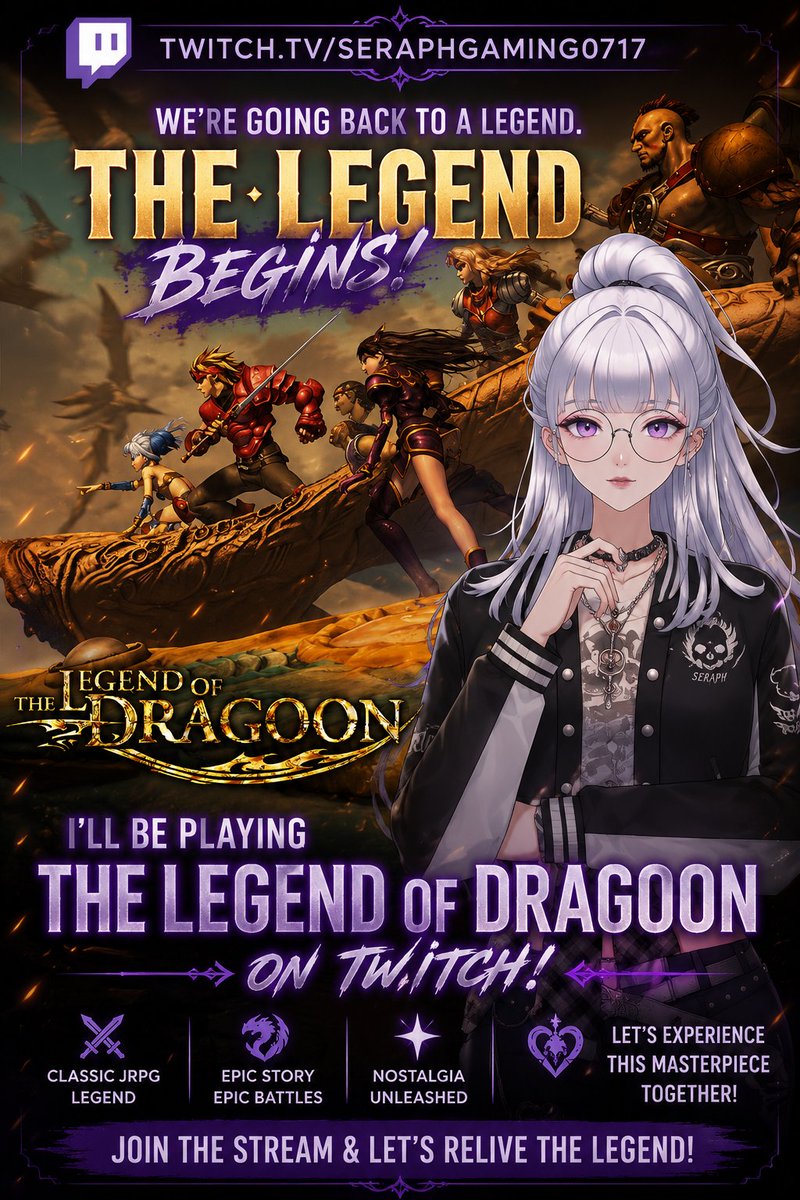 SeraphGaming07's tweet photo. ⚔️ Going back to one of the greatest JRPGs ever made... The Legend of Dragoon! 🐉

Whether you're reliving the adventure or experiencing it for the first time, come join me as we dive into this PlayStation classic!

🎮 LIVE NOW on Twitch!
🔗 https://t.co/9W9bShcGPr
See you there! 

#VTuber #TwitchStreamer #TheLegendOfDragoon #JRPG #RetroGaming #PlayStation #GamingCommunity #LiveOnTwitch #RPG #SeraphGaming0717