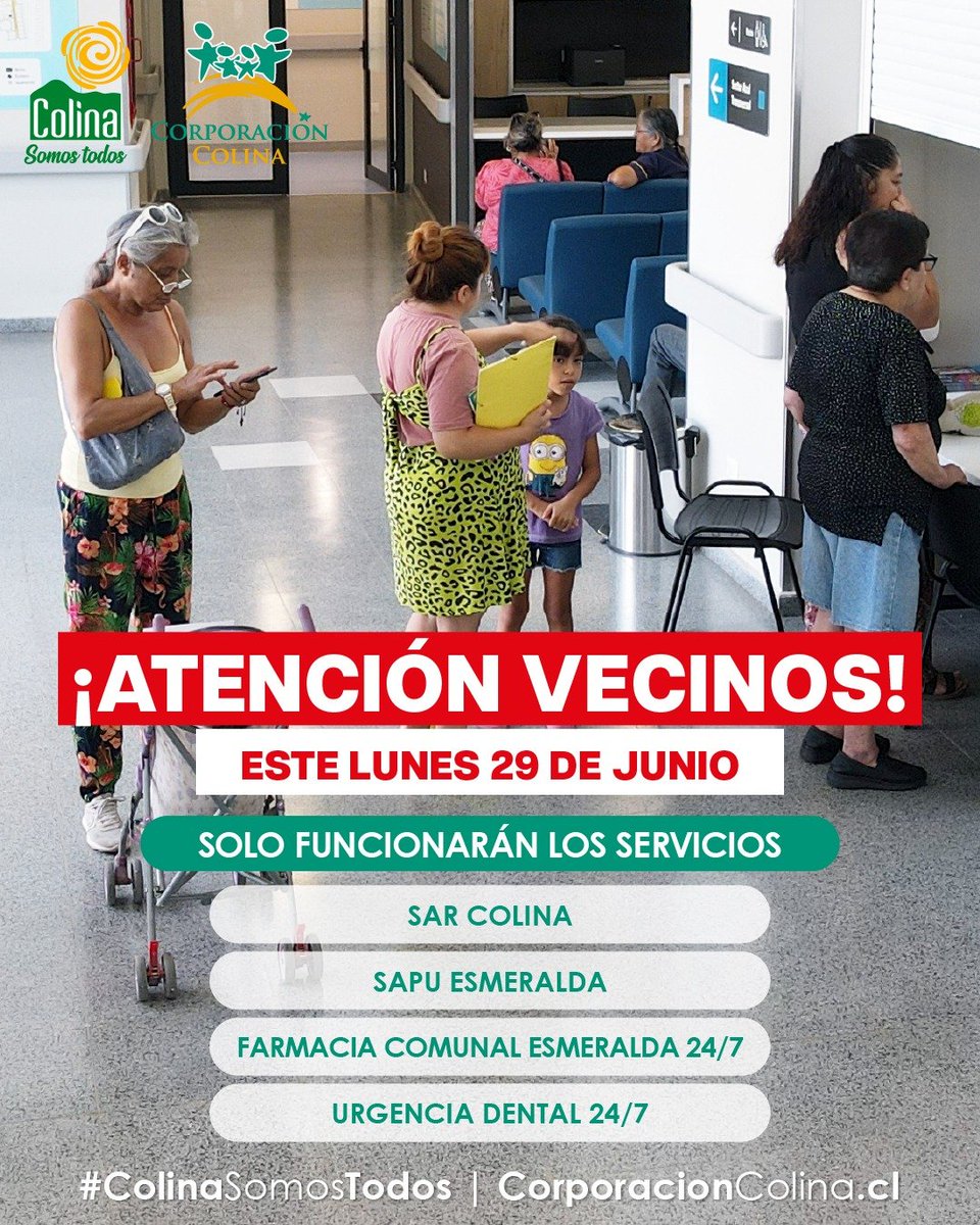 CorpColina's tweet photo. 𝗦𝗘𝗥𝗩𝗜𝗖𝗜𝗢𝗦 🙋‍♀️🙋‍♂️
¡Atención vecinas y vecinos! Compartimos con ustedes lo servicios que  funcionarán este lunes 29 de junio, por motivo de feriado.

👉 Tendrán atención normal: SAR Colina, SAPU Esmeralda, Farmacia Comunal Esmeralda 24/7 y Urgencia Dental 24/7. https://t.co/uSjbhoxBwP