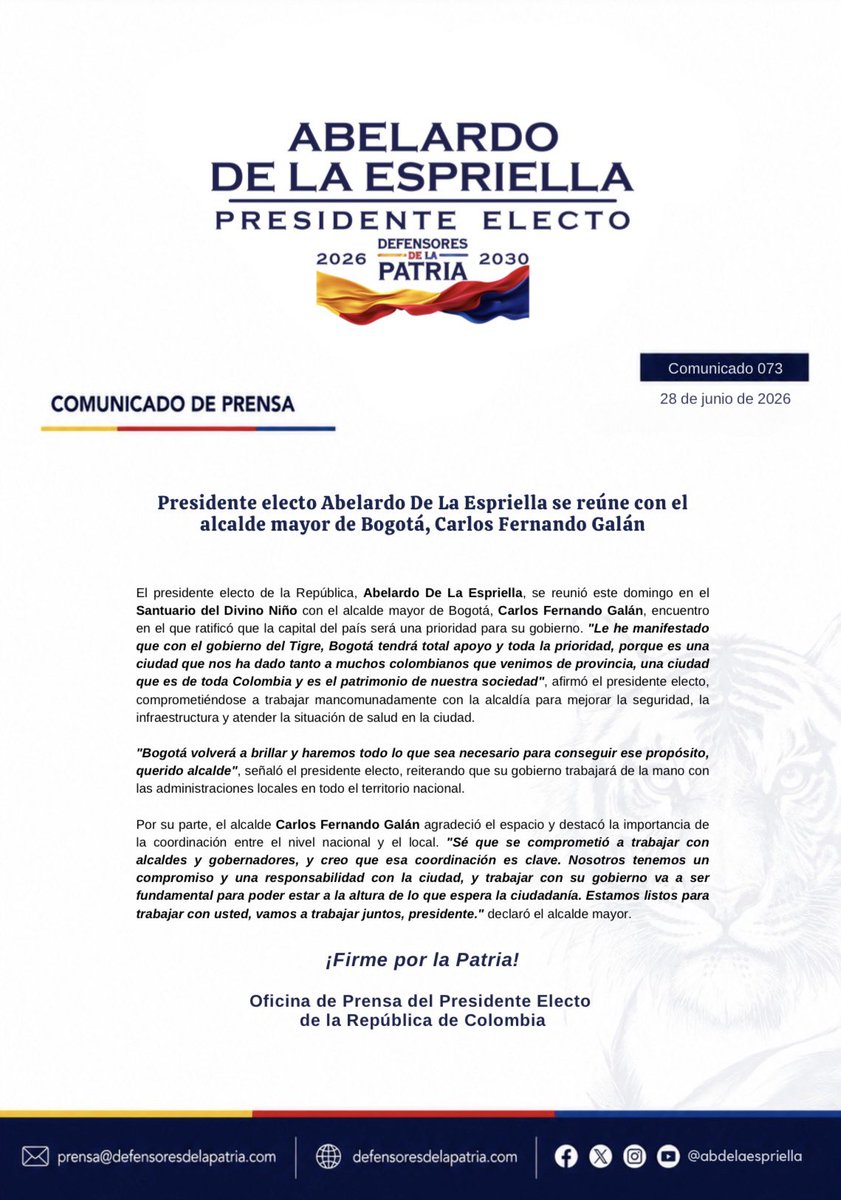 defensoresco's tweet photo. #ATENCIÓN | El presidente electo de Colombia, Abelardo De La Espriella (@ABDELAESPRIELLA), sostuvo un encuentro con el alcalde mayor de Bogotá, Carlos Fernando Galán (@CarlosFGalan), en el Santuario del Divino Niño, donde reiteró que Bogotá tendrá todo el apoyo y será una prioridad para el próximo Gobierno Nacional.

Durante la reunión, ambos dialogaron sobre los principales desafíos de la capital, con énfasis en seguridad, infraestructura y salud. 

El presidente electo afirmó que Bogotá es una ciudad que pertenece a todos los colombianos y expresó su compromiso de trabajar de manera coordinada para que Bogotá vuelva a brillar.