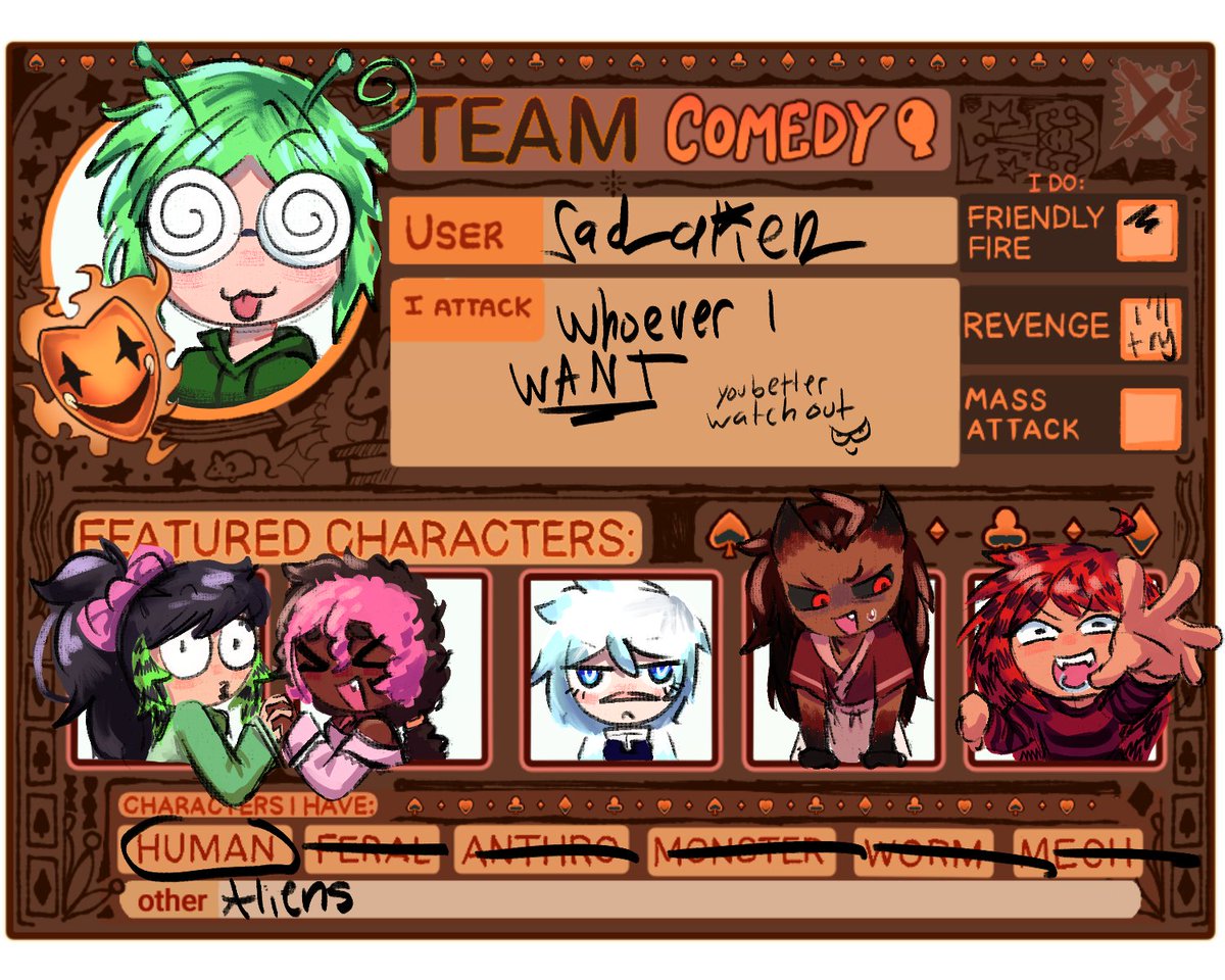 _rad_alien_'s tweet photo. GUYS GUYS. HEY.......... HEY HI......... IM ON ART FIGHT ..................... ADD ME ON ART FIGHT......... ITS THE SAME USER AS ALL MY SOCIALS _rad_alien_
PLESPLSPLSPLPSLPSLPSL PLAKSJDHFAJSF LKSAHDJKG
im not even done setting up all my characters
#ARTFIGHT #PLEASEFOLLOWME https://t.co/8cR6dbLUVF