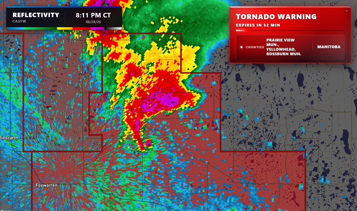 MaxVelocityWX's tweet photo. Not often you see this kind of data on a Canadian radar. STRONG tornado ongoing northeast of Foxwarren, Manitoba! https://t.co/GUp37X2iJT
