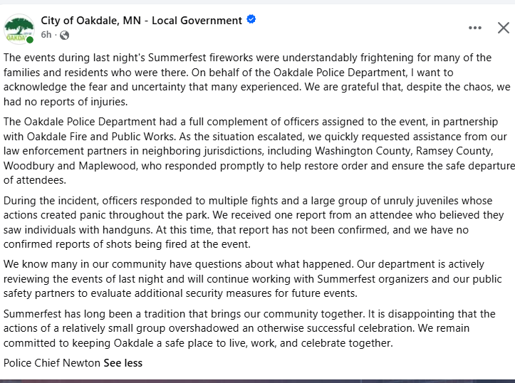 CrimeWatchMpls's tweet photo. The youts apparently ruined an event in Oakdale last night. https://t.co/J4NQlzAL4T