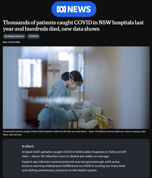 BigBadDenis's tweet photo. 🇦🇺Australia: Thousands of patients caught COVID in NSW hospitals last year and hundreds died, new data shows"

Published: 14 October 2024

"At least 6,007 patients caught COVID in NSW public hospitals in 2023 and 297 died — about 115 infections and 6 deaths per week, on average." https://t.co/i4wTwYOnmf