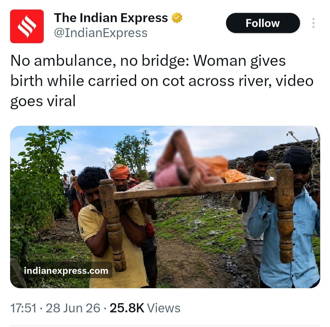 PunsterX's tweet photo. 27th June:
Modi gifts 6 ambulances to Seychelles

28th June:
A woman gives birth while being carried on a cot across a river in MP, due to lack of ambulance/bridge.

Modi's slogan - "India First!" https://t.co/qH0cLD5p3U