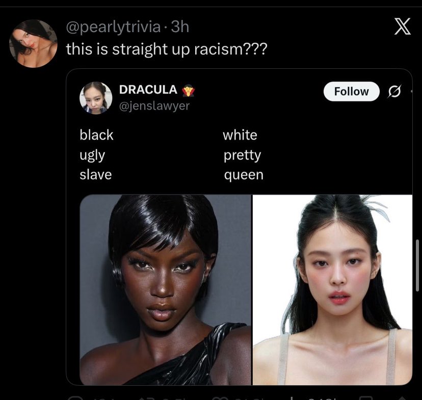 jentlelogy's tweet photo. BTS fans have genuinely lost the plot. Creating setup accounts to target Anok Yai and bringing up slavery for fanwars is one of the lowest things I’ve ever seen. The way they keep targeting black women who have nothing to do with their fanwars says everything about that fandom. https://t.co/Mc3yLm8qJi